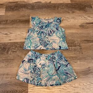 Lilly Pulitzer Girls Matching Top Skort Set Blue Seashell Print Size 6-7